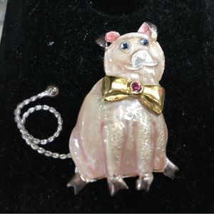 Kenneth Cole - Pink Pig Enamel Lapel Pin. rhinestone eyes, bow-tie, curly-tail